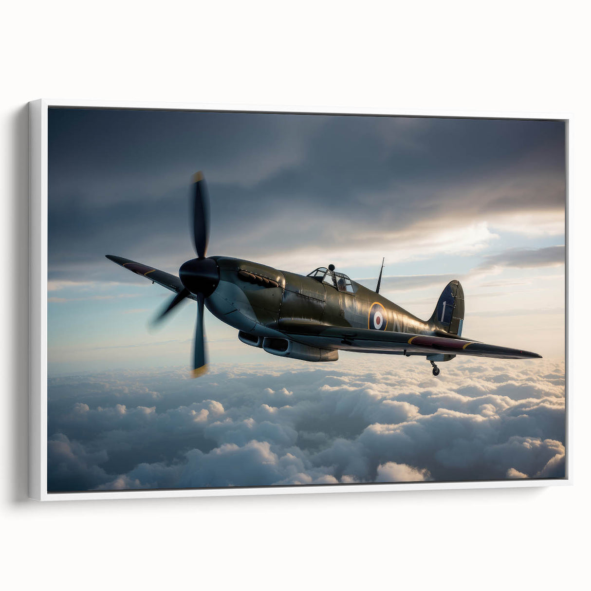 Framed canvas depicting a vintage airplane on a muted black and gray background, ideal for bedroom wall art.