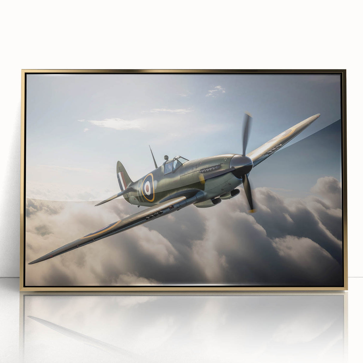 Mid-century modernist art deco poster featuring a stylized airplane in gold and black tones on acrylic.