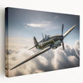 Large art print of a vintage airplane on stretched canvas, presented in muted gray and blue tones.