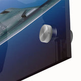 Large abstract wall art of an airplane in muted grays and blues on acrylic glass, ideal for bedroom or dining room decor.