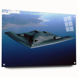 Side view of an airplane depicted in large abstract wall art on acrylic glass, using monochrome shades.