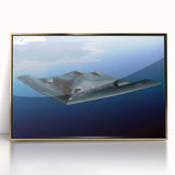 Mid-century modernist art print of airplane, muted blue and gold tones on acrylic, ideal for nursery wall decor.