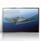 Mid-century modernist art depicting airplanes in muted blue and silver tones on framed acrylic, ideal for nursery wall art.