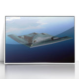 Large abstract wall art depicting an airplane, rendered in mid-century modernist style with muted gray and blue tones.