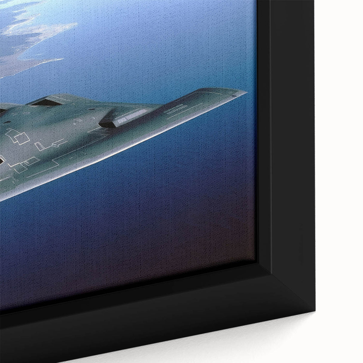 Extra large framed canvas featuring a textured, colorful airplane design on a black background, ideal for living room decor.