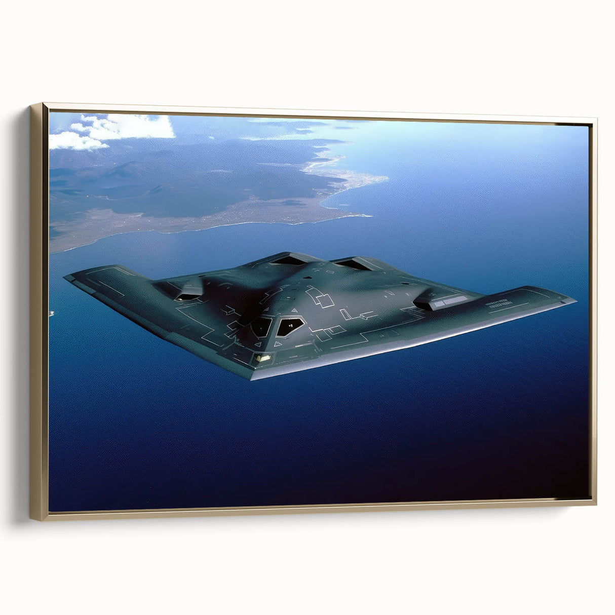 Side view of a vintage airplane in black and gold tones on a framed canvas, ideal for bedroom wall decor.