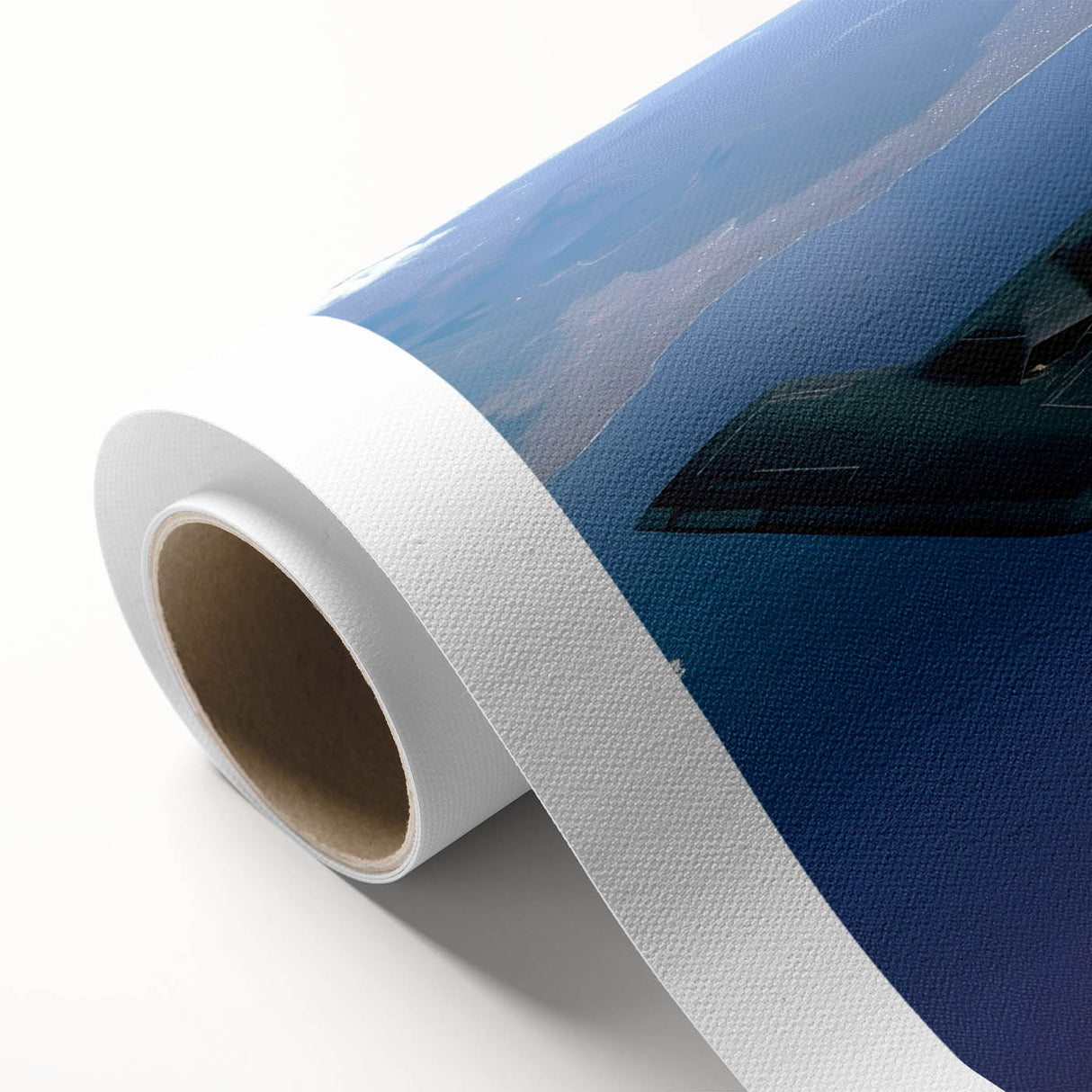 Art deco style airplane illustration in muted blue and gray tones on rolled canvas, suitable for nursery wall art.