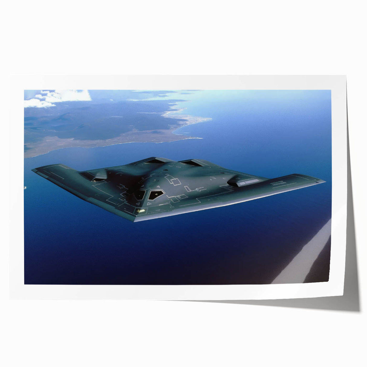 Art deco poster featuring a vintage airplane in muted gray and blue tones on a rolled print.