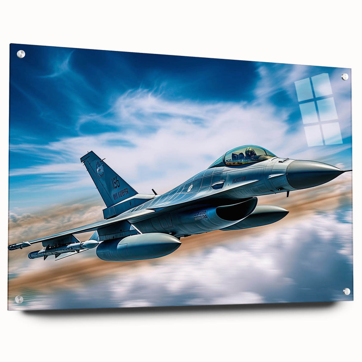 Side view of an airplane depicted in large abstract wall art on acrylic glass, featuring cool gray and metallic tones.