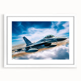 Extra large abstract art print of an airplane, featuring textured gray and blue tones, framed in white.