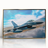 Mid-century modernist art featuring an airplane in muted gold and blue tones on a framed acrylic.