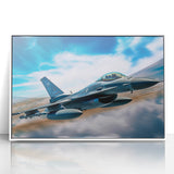 Large abstract wall art featuring a mid-century modernist airplane design in muted gray and blue tones, framed acrylic.