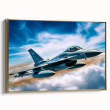 Framed canvas featuring a vintage poster of a black airplane on a gold background, suitable for bedroom wall art.