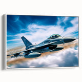 Vintage poster art of a black airplane on a colorful backdrop, framed canvas, ideal for living room decor.