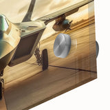 Close-up of large abstract acrylic print featuring an airplane, in gray and blue tones, ideal for bedroom or dining room art.