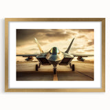 Abstract art print of an airplane in gold and black tones, framed with a gold mat, suitable for dining room decor.