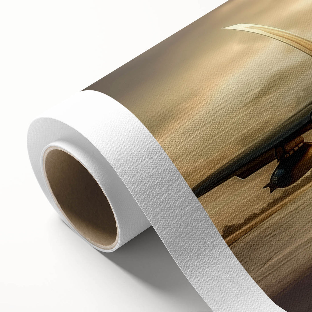 Art deco style airplane illustration in muted gray and blue tones on rolled canvas, ideal for nursery wall decor.