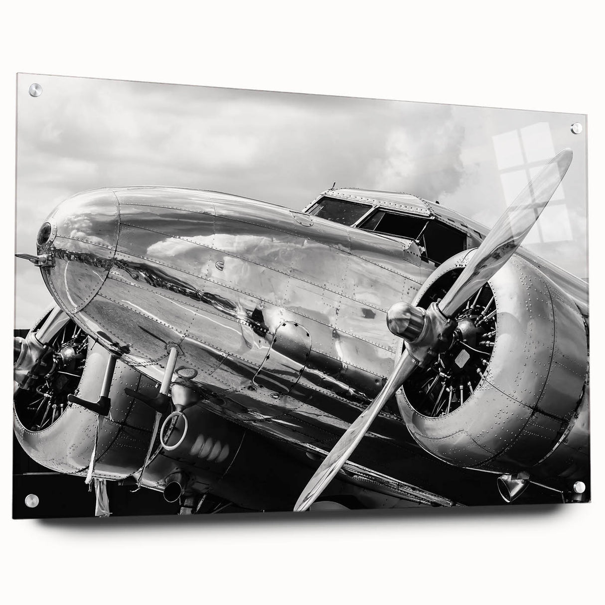 Acrylic print of a side view of an airplane, rendered in grayscale, suitable for modern bedroom or dining room decor.