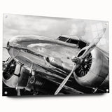 Acrylic print of a side view of an airplane, rendered in grayscale, suitable for modern bedroom or dining room decor.