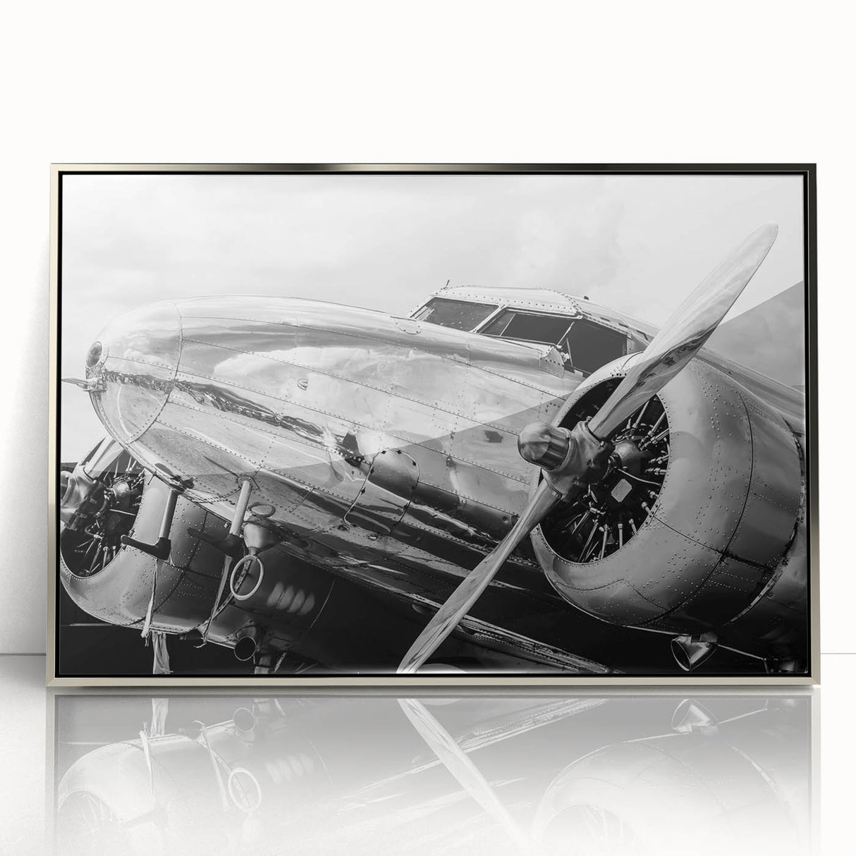 Mid-century modernist art featuring a series of airplanes in muted blue and gray.