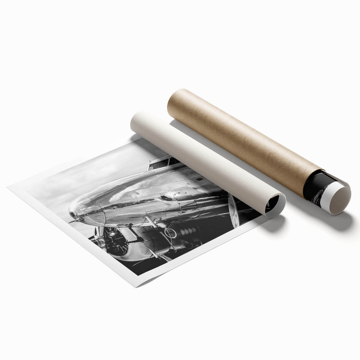 Extra large rolled print of a vintage airplane on a muted gray background, suitable for dining room wall decor.