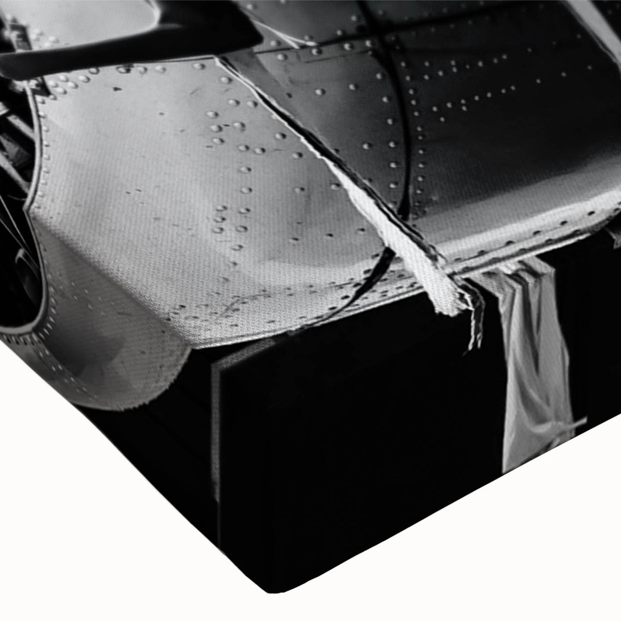 Black and white large art of an airplane close-up on stretched canvas, suited for bedroom wall decor.