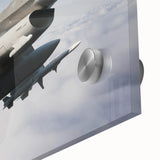 Large abstract wall art of an airplane, featuring muted gray and blue tones on acrylic glass.