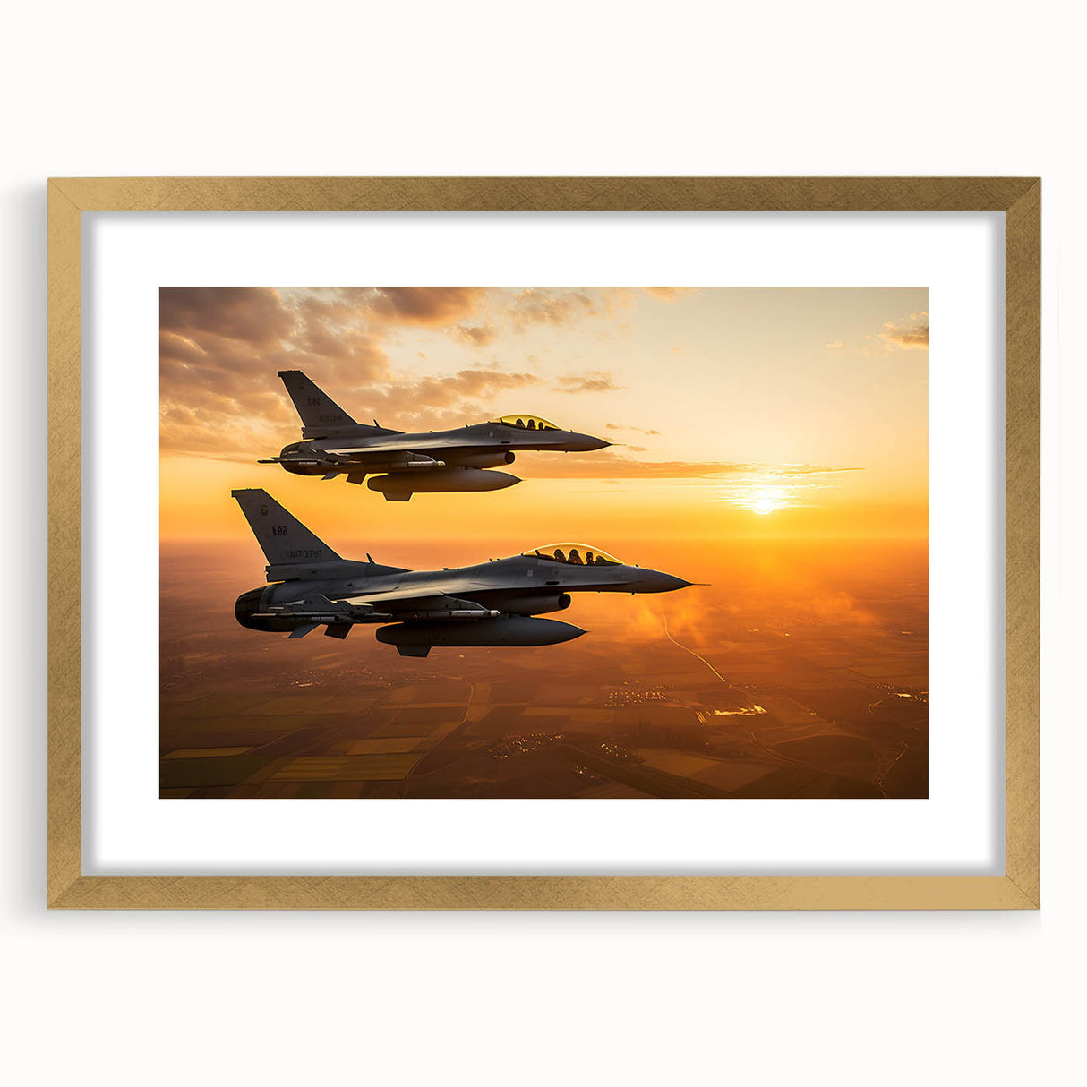 Extra large abstract art print of an airplane, in textured gold tones, framed with mat, suitable for living room decor.