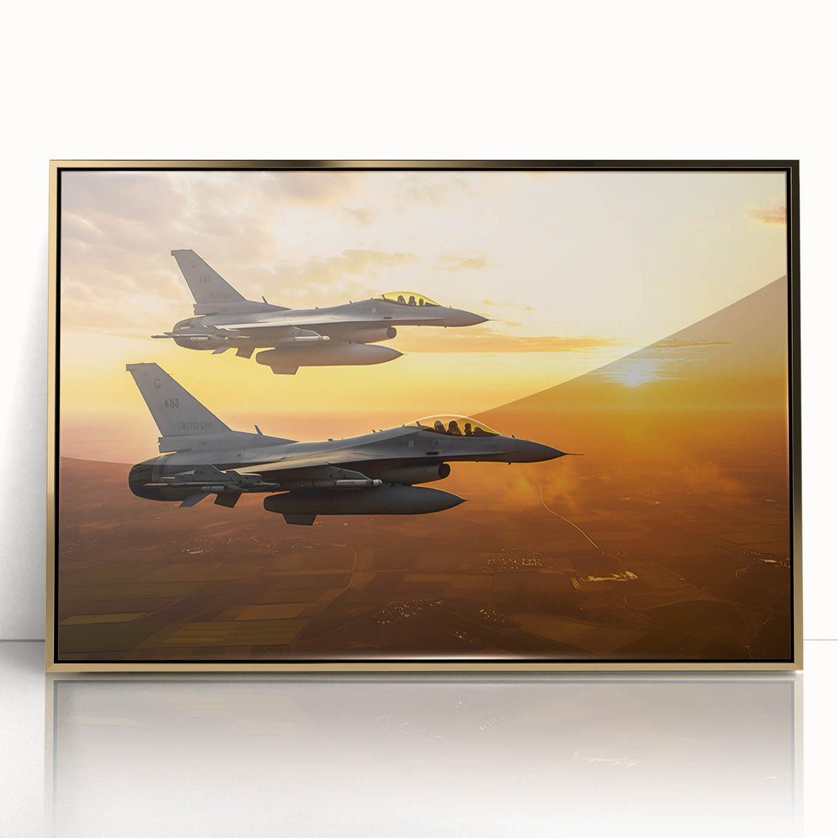 Large abstract wall art featuring a mid-century modernist airplane design in gold and black tones on a framed acrylic panel.