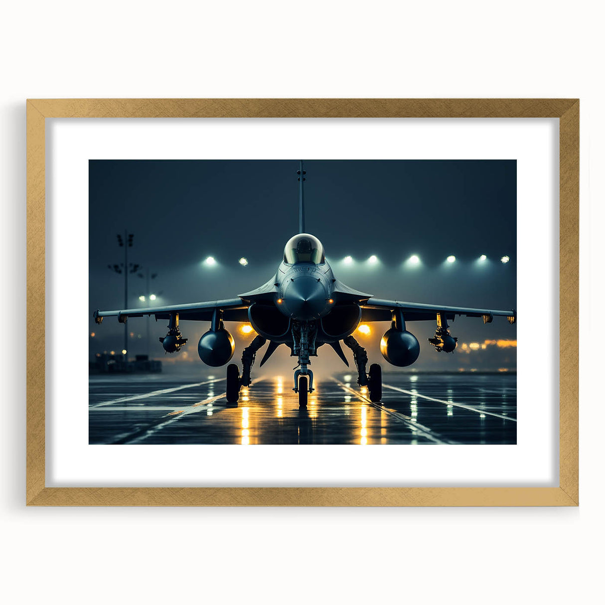 Textured art print of an abstract airplane design in gold and black, framed with a mat, suitable for bedroom art.