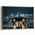 Vintage poster art of a golden airplane on a black background, framed canvas, ideal for living room decor.
