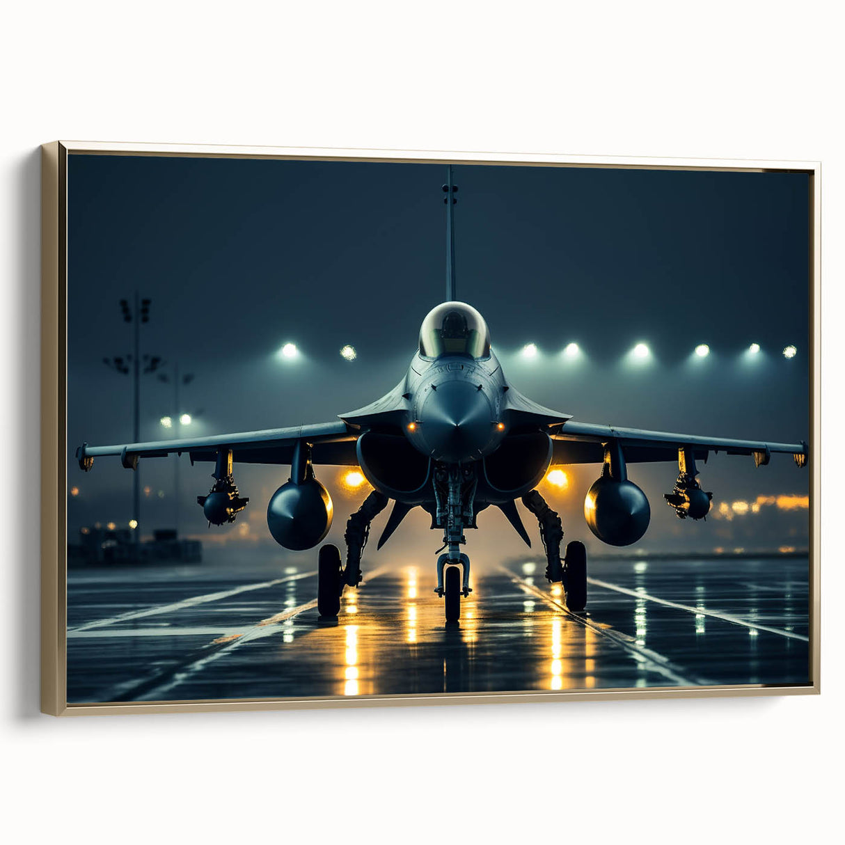 Vintage poster art of a golden airplane on a black background, framed canvas, ideal for living room decor.