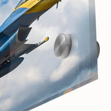 Acrylic print of a large abstract airplane design in muted gray and blue tones, ideal for bedroom or dining room art.