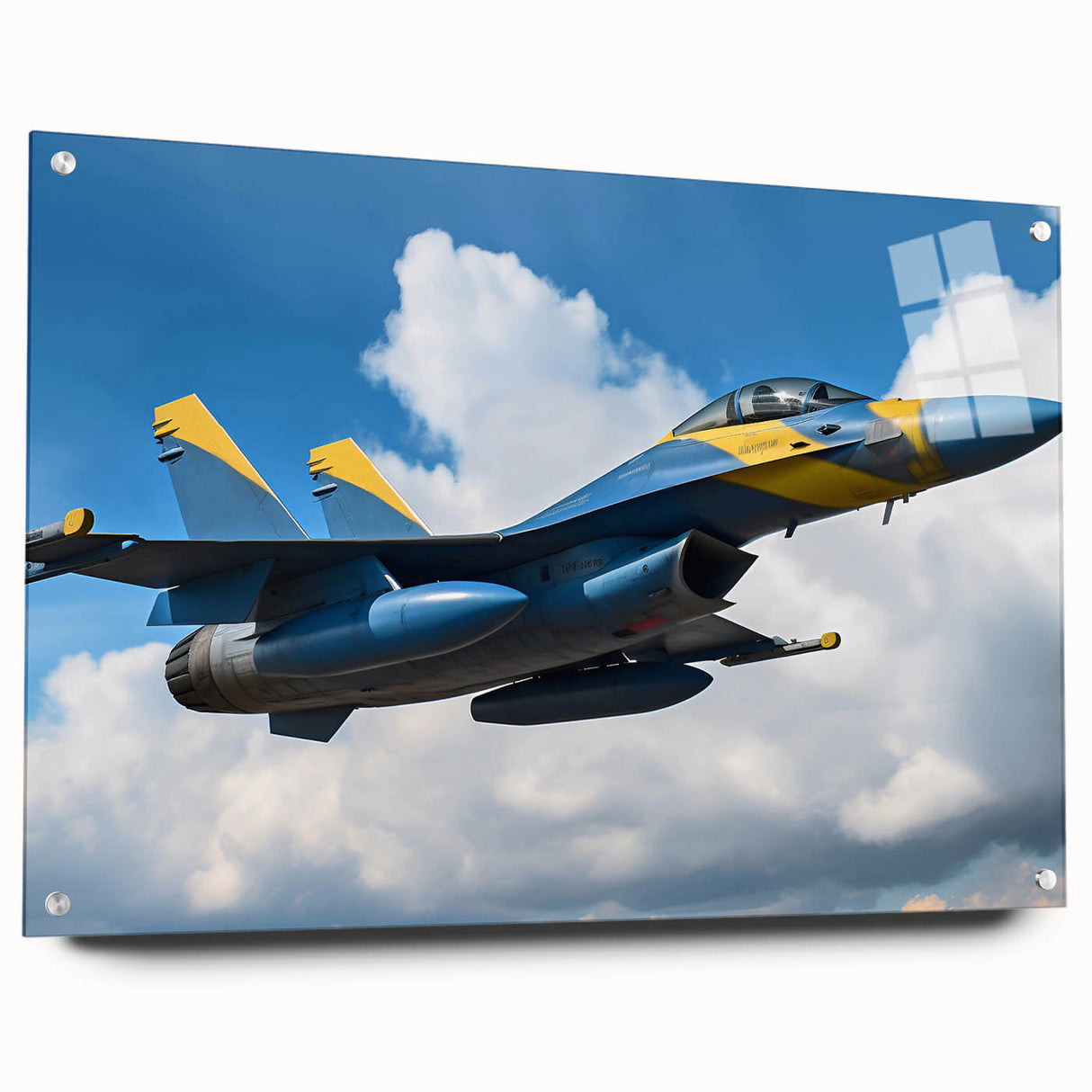 Acrylic print of a large abstract airplane design in muted gray and blue tones.