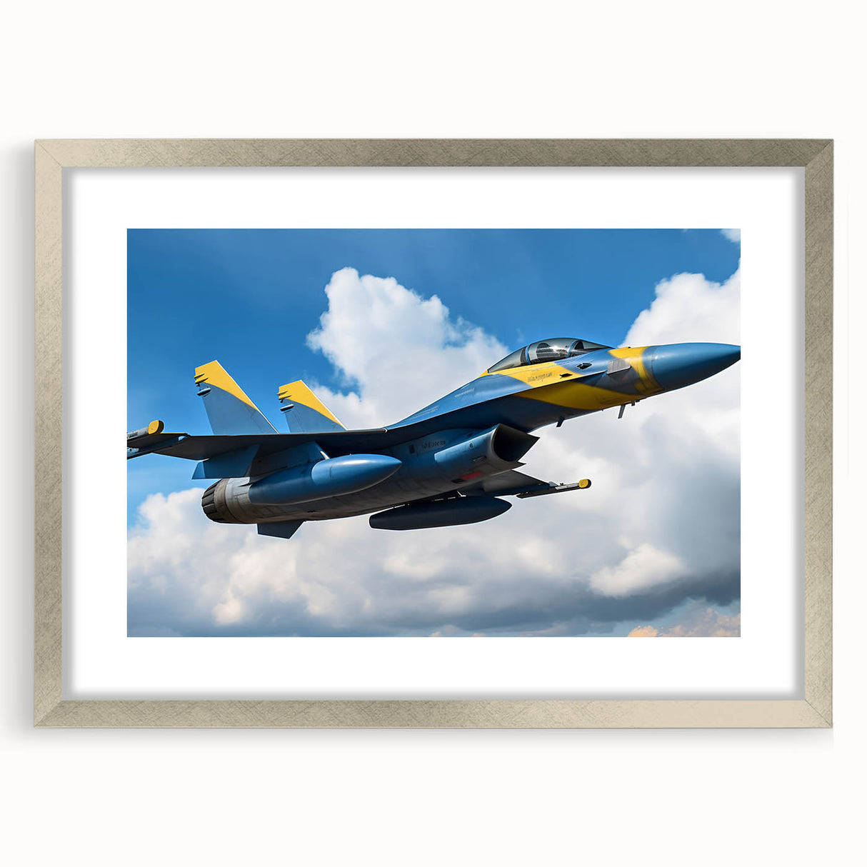Abstract art print of an airplane in muted gray and silver tones on a framed canvas.