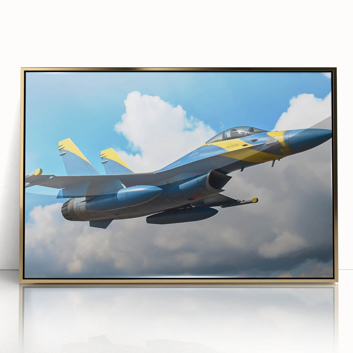 Large abstract wall art featuring a mid-century modernist airplane design in gold and black on a framed acrylic panel.