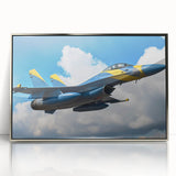 Mid-century modernist art depicting an airplane in flight, using a palette of silver and gray on a framed acrylic.