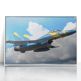 Mid-century modernist art depicting an airplane, framed acrylic in white, using a palette of soft grays and blues.