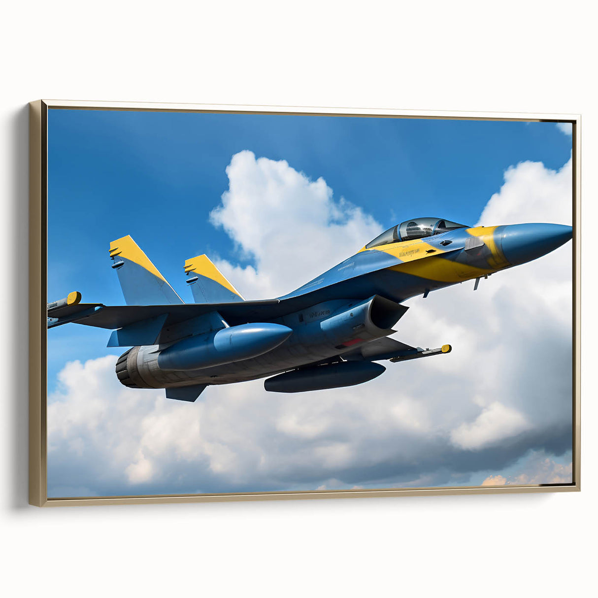 Vintage poster art of a gold airplane on black background, extra large framed canvas ideal for living room.