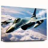 Acrylic print of an abstract airplane design in muted gray and blue tones, ideal for modern bedroom or dining room decor.