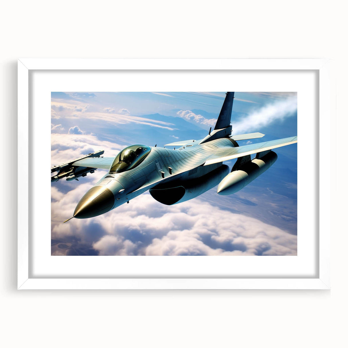 Textured art print of an abstract airplane design in muted gray and blue tones, framed with a white mat.