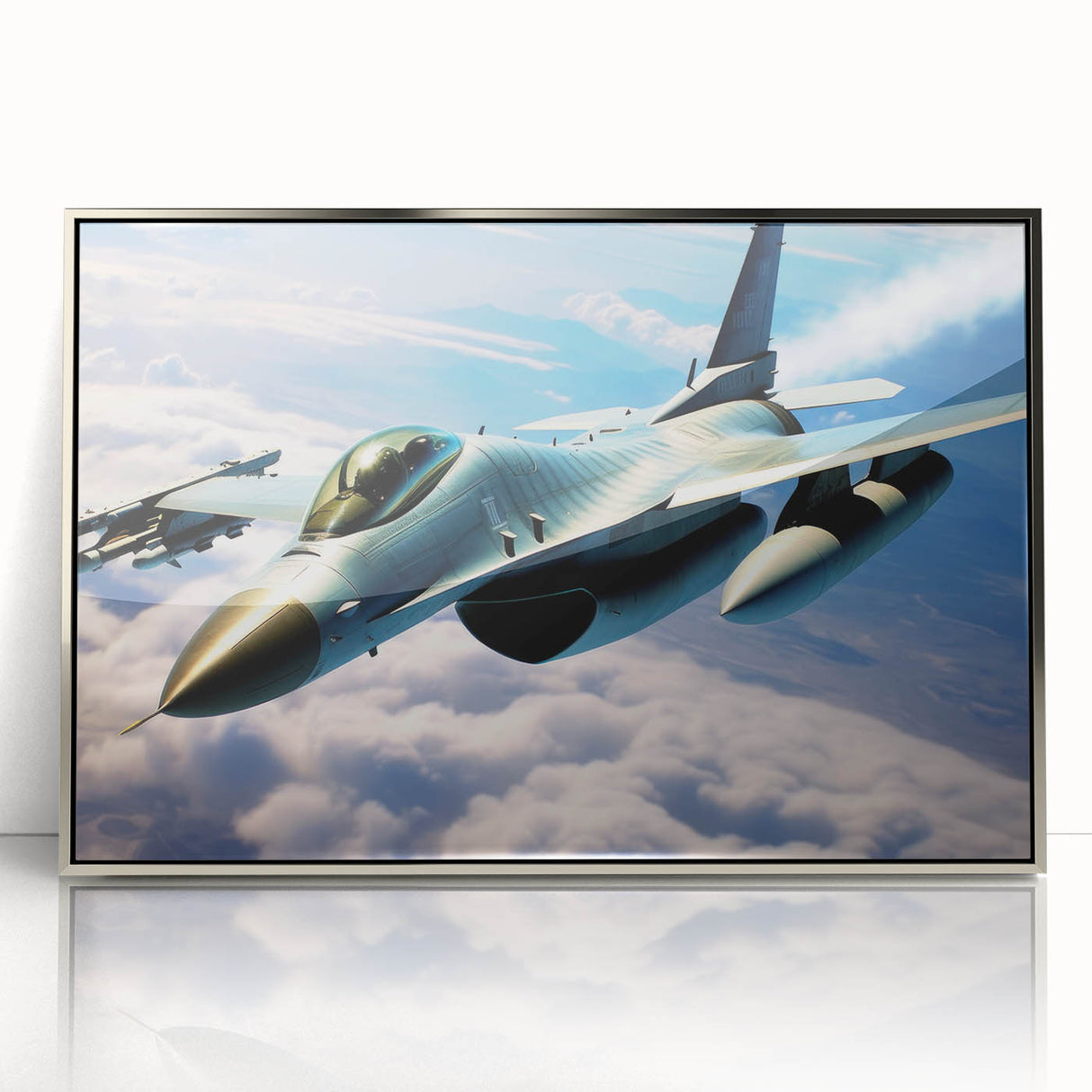 Mid-century modernist art of a silver airplane on a framed acrylic print, ideal for nursery wall art.