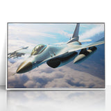 Mid-century modernist art depicting a stylized airplane in muted blue and gray tones on a framed acrylic.