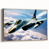 Vintage poster art of a gold airplane on black background, framed canvas, ideal for living room decor.