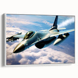Framed canvas of a vintage airplane in flight, depicted in black with colorful background, ideal for office decor.