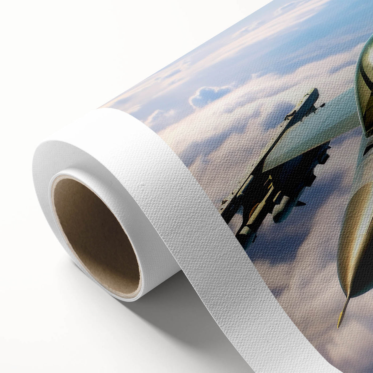 Art deco style airplane illustration in muted blue and gray on rolled canvas, suitable for nursery wall art.