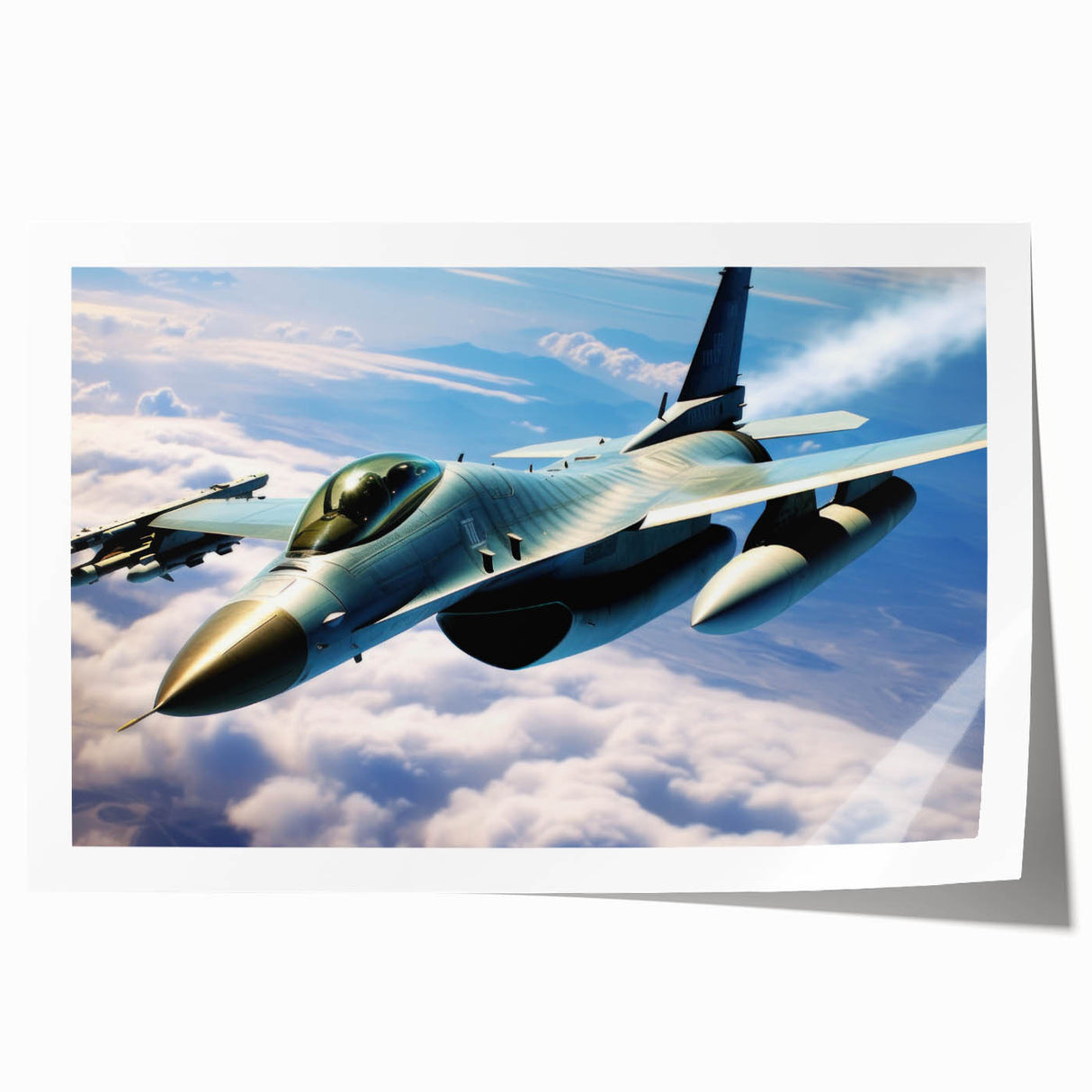 Art deco poster featuring a vintage airplane, rendered in muted blues and grays, on a rolled print.
