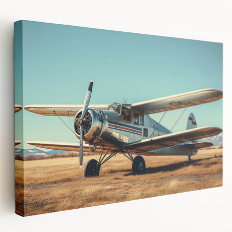 Large airplane illustration on stretched canvas in gray and blue tones, ideal for kitchen wall art.