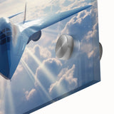 Acrylic print of a large abstract airplane design in cool gray and blue tones, suited for bedroom or dining room art.