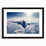 Abstract art print of colorful airplanes on textured canvas, framed in black, ideal for extra large wall art in living room.
